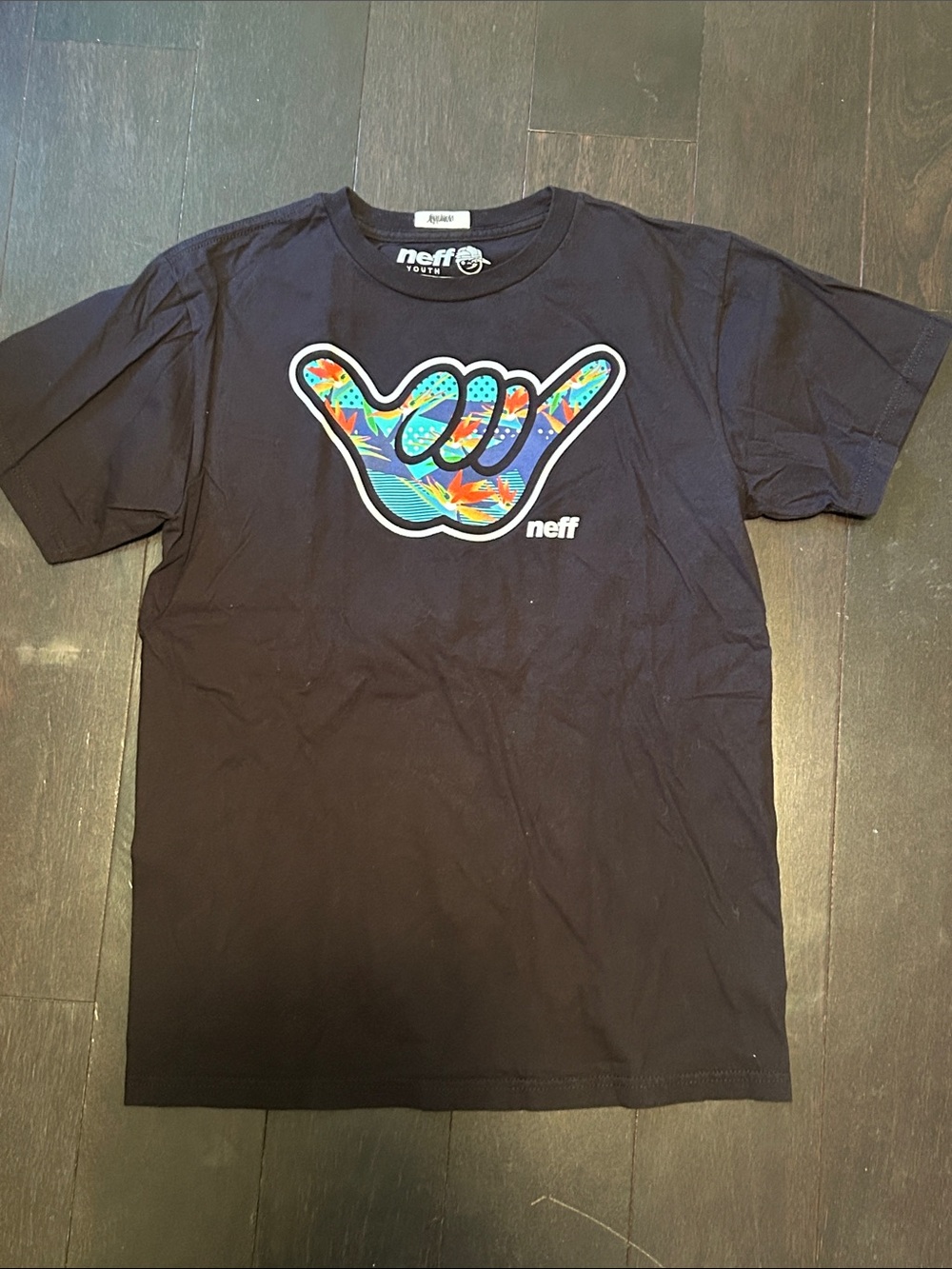 Neff Black Tee with Multicolor Tropical Shaka